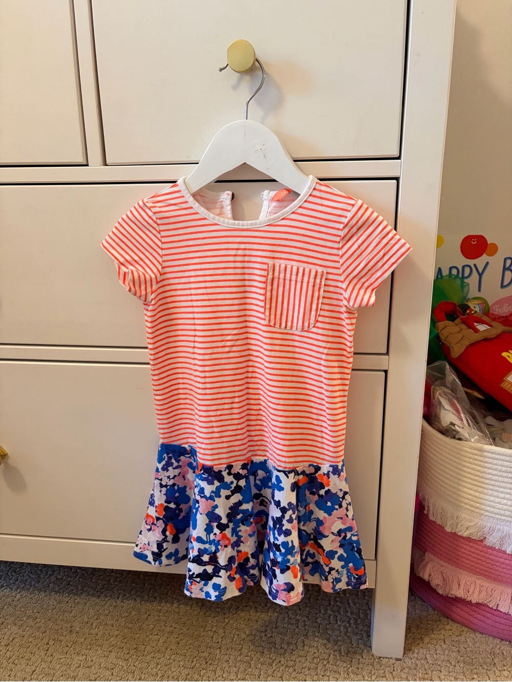 Joules Girls Dress 2-3 Years Orange Stripe Floral 100% Cotton